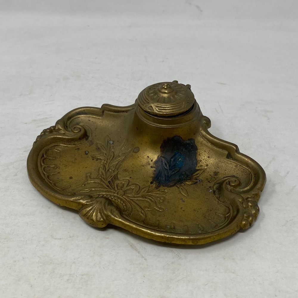 Antique Art Nouveau Brass Inkwell Stand Floral Scrollwork Desk Accessory Ornate
